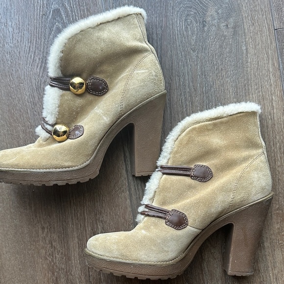 Coach Tan Suede Heeled Boots with Gold Accents - Picture 1 of 4